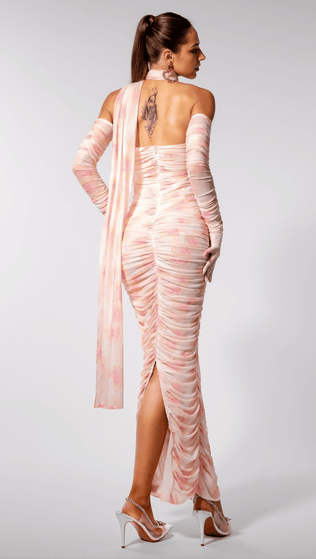 IRISA GLOVES PRINT MESH TULLE RIBBON DRESS