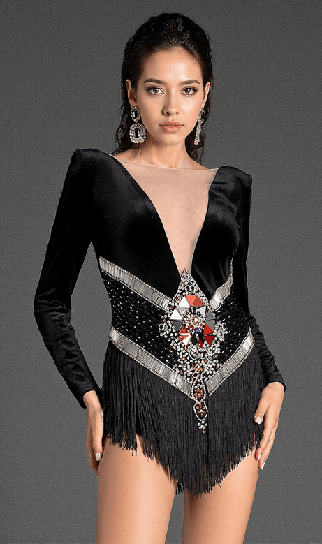 Kaniadi Long Sleeve Velvet Crystal Fringe Bodysuit