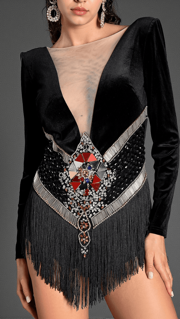 AIIZIE KANIADI LONG SLEEVE VELVET CRYSTAL FRINGE BODYSUIT - product image