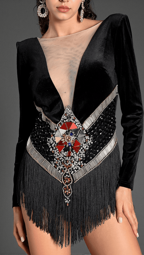 KANIADI LONG SLEEVE VELVET CRYSTAL FRINGE BODYSUIT