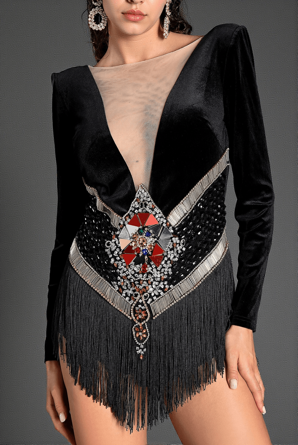 KANIADI LONG SLEEVE VELVET CRYSTAL FRINGE BODYSUIT