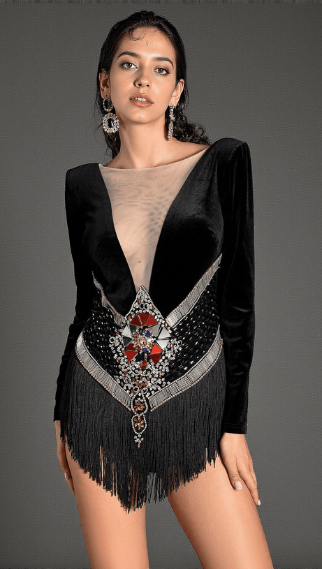 KANIADI LONG SLEEVE VELVET CRYSTAL FRINGE BODYSUIT