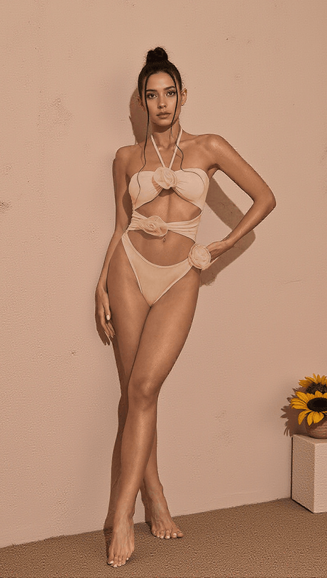 ADDY HALTERNECK CUTOUT EMBELLISHED SWIMSUIT IN PINK