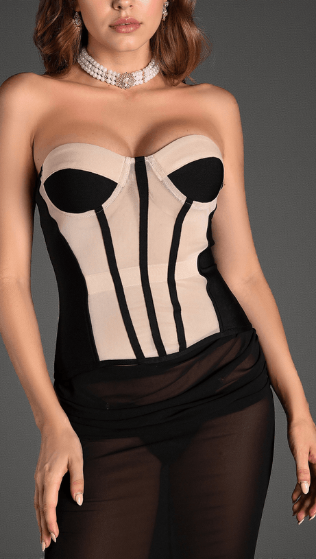 CHRISTOS STRAPLESS MESH CORSET SHEER DRESS