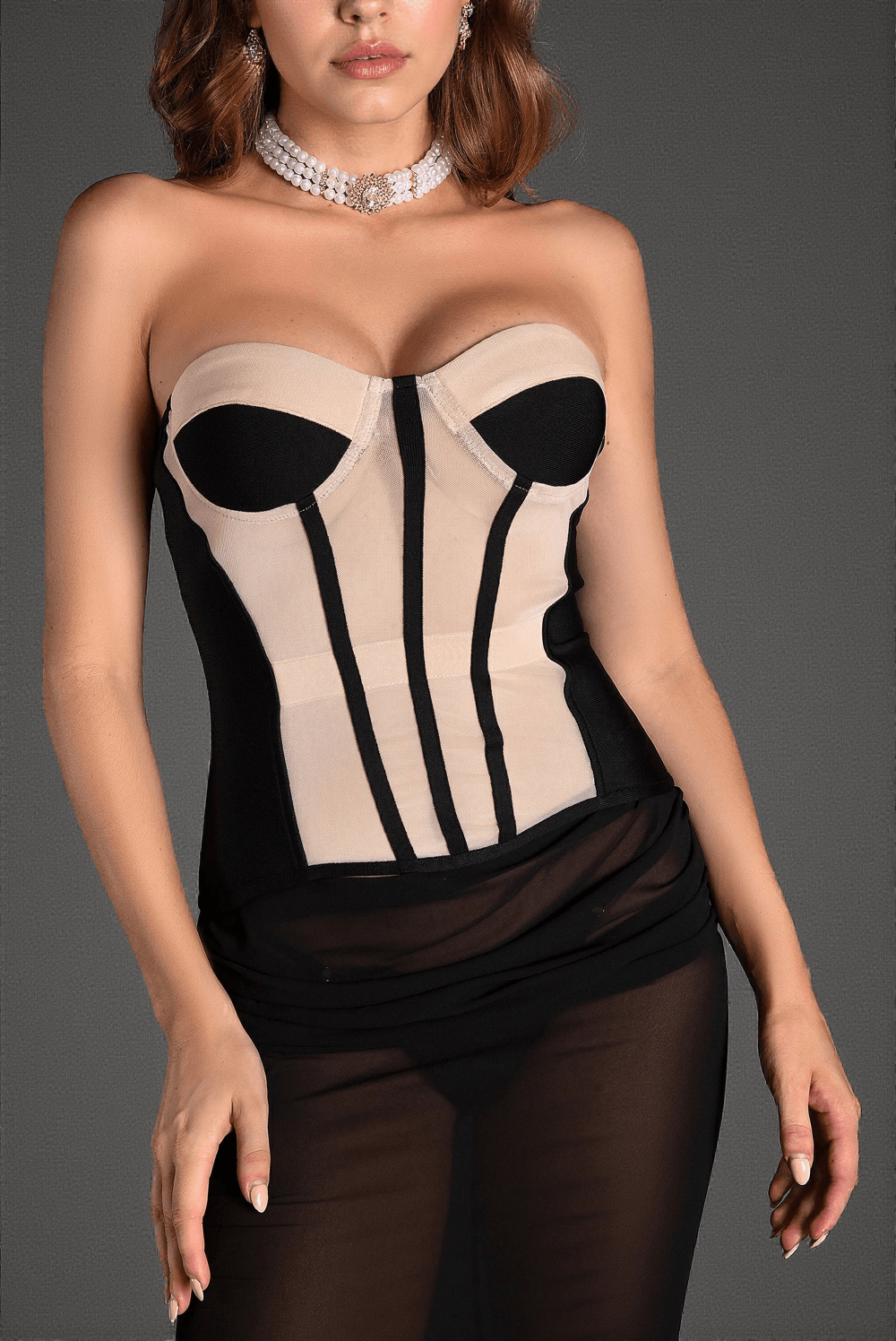 CHRISTOS STRAPLESS MESH CORSET SHEER DRESS