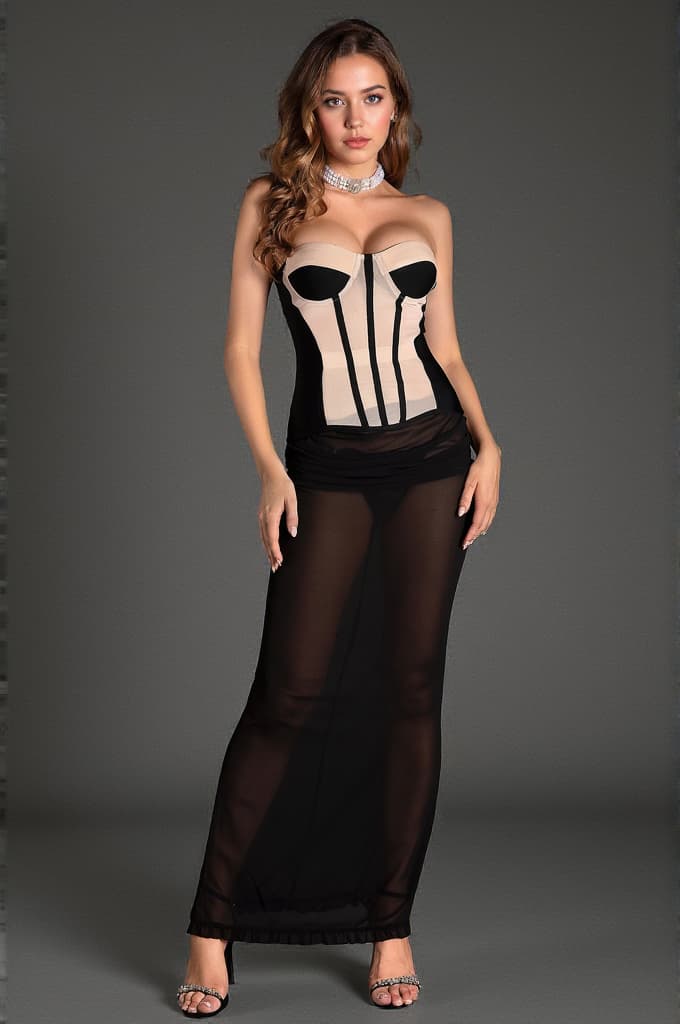 Christos Strapless Mesh Corset Sheer Dress