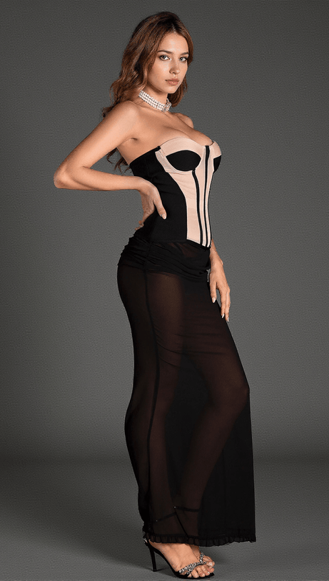 CHRISTOS STRAPLESS MESH CORSET SHEER DRESS
