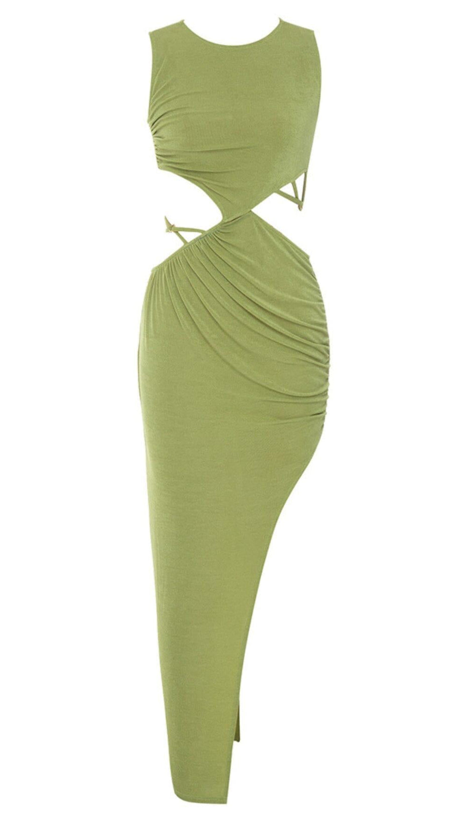 CUT OUT RUCHED MIDI DRESS IN GREEN