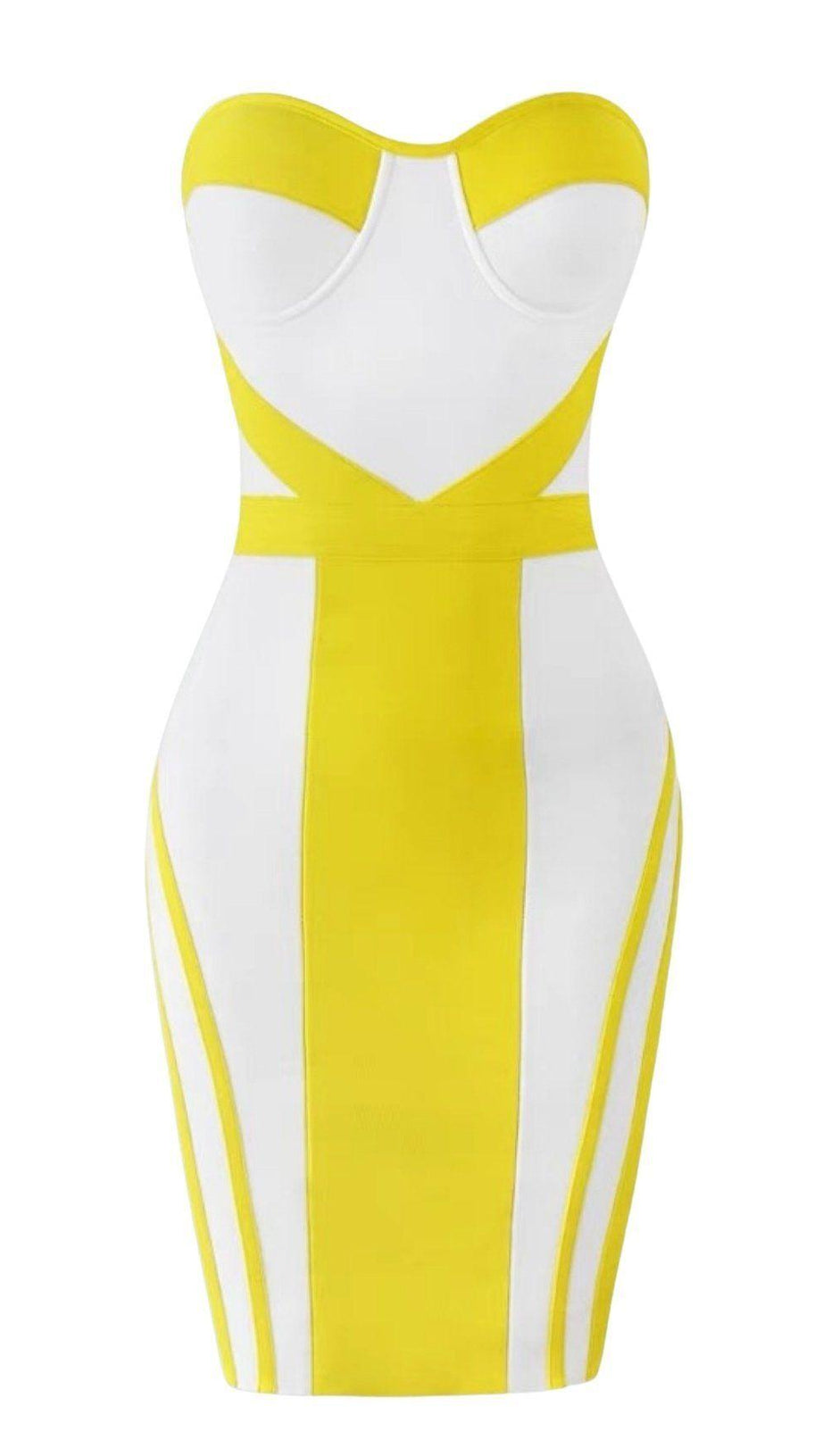 YELLOW AND WHITE STICHING BANDAGE DRESS