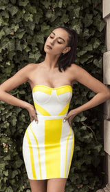 YELLOW AND WHITE STICHING BANDAGE DRESS