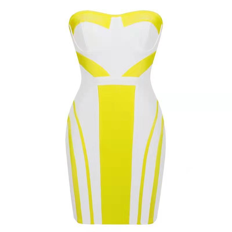 YELLOW AND WHITE STICHING BANDAGE DRESS