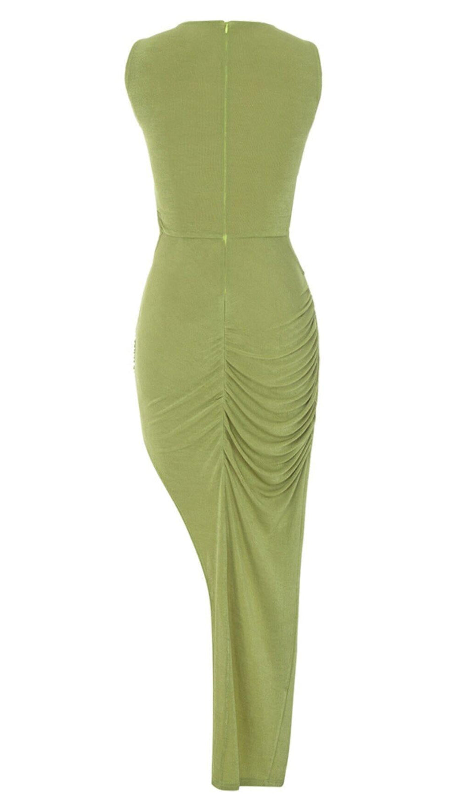 CUT OUT RUCHED MIDI DRESS IN GREEN