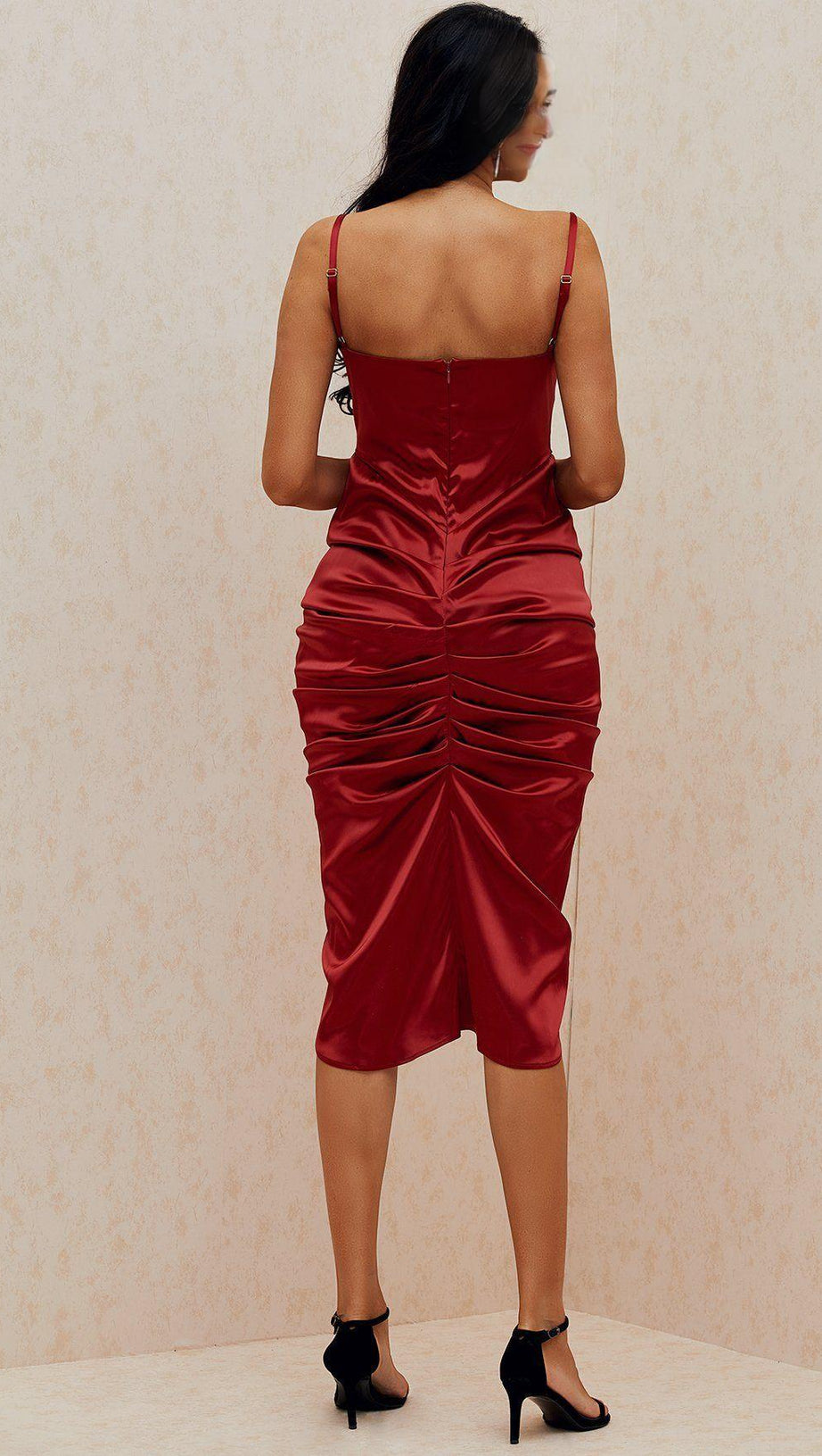 Weinrotes drapiertes Satin-Korsettkleid 