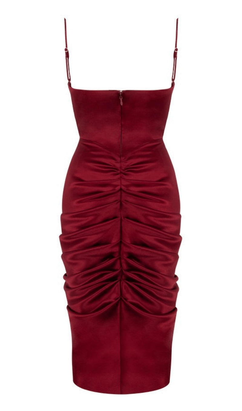 WINE SATIN DRAPED CORSET DRESS