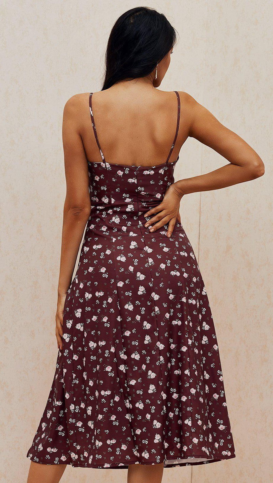 WEINROTES MIDIKLEID MIT BLUMENMUSTER