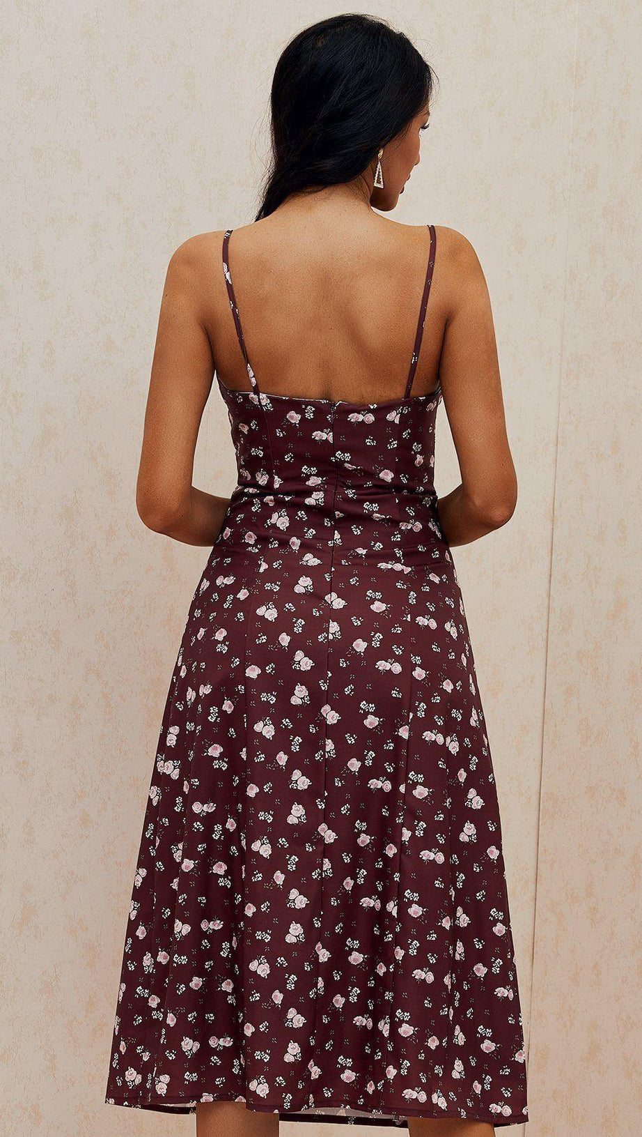 WEINROTES MIDIKLEID MIT BLUMENMUSTER