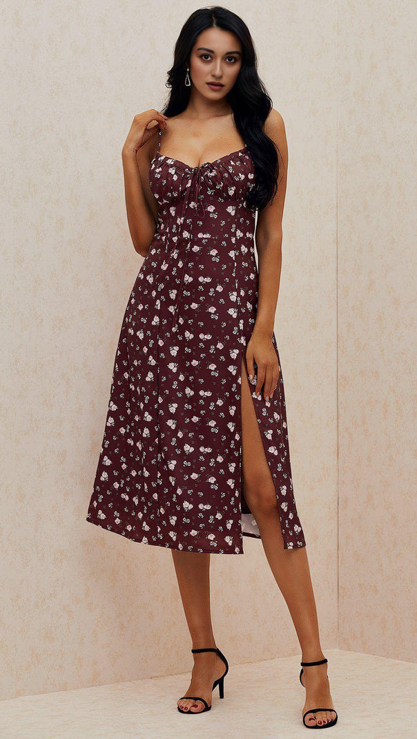 AIIZIE WINE FLORAL BUSTIER MIDI DRESS - product image