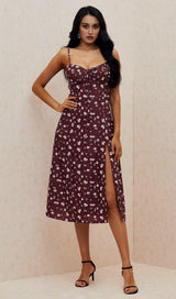 WINE FLORAL BUSTIER MIDI DRESS