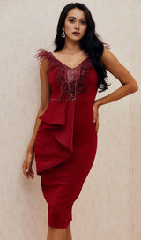 WINE FEATHER RUFFLE DRESS