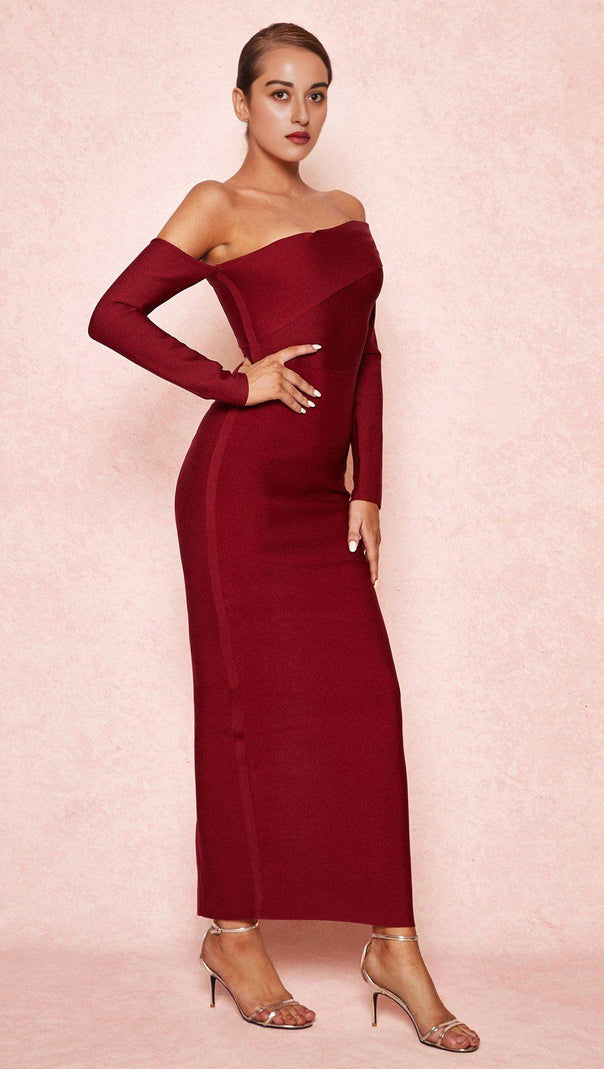 AIIZIE WINE DRAPED SHOULDER MAXI BANDAGE DRESS - product image