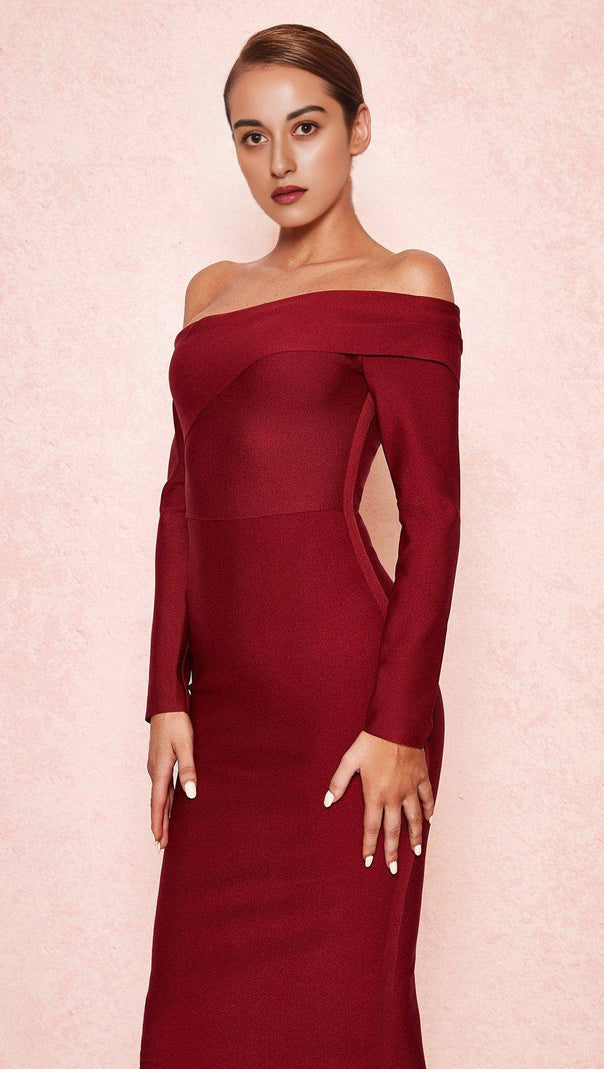 AIIZIE WINE DRAPED SHOULDER MAXI BANDAGE DRESS - product image