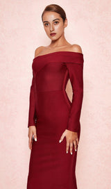 WINE DRAPED SHOULDER MAXI BANDAGE DRESS