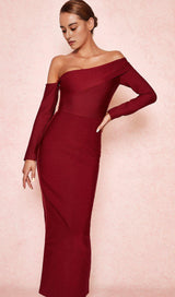 WINE DRAPED SHOULDER MAXI BANDAGE DRESS