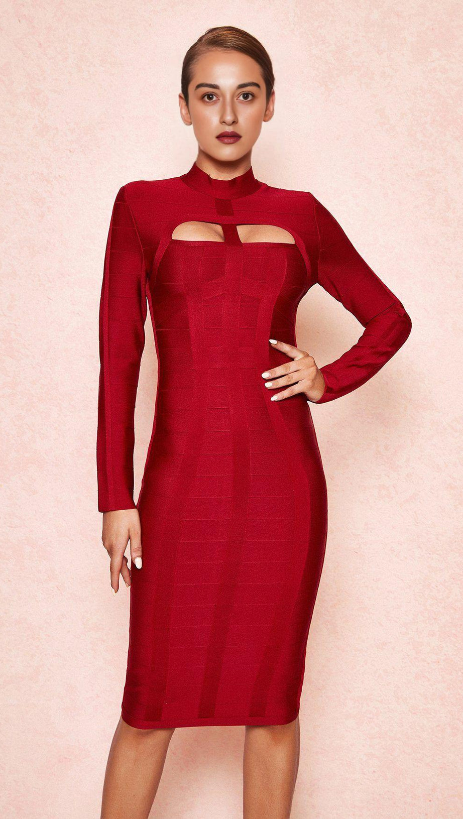 WINE CUT OUT LONG SLEEVE BANDAGE DRESS