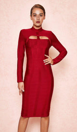 WINE CUT OUT LONG SLEEVE BANDAGE DRESS