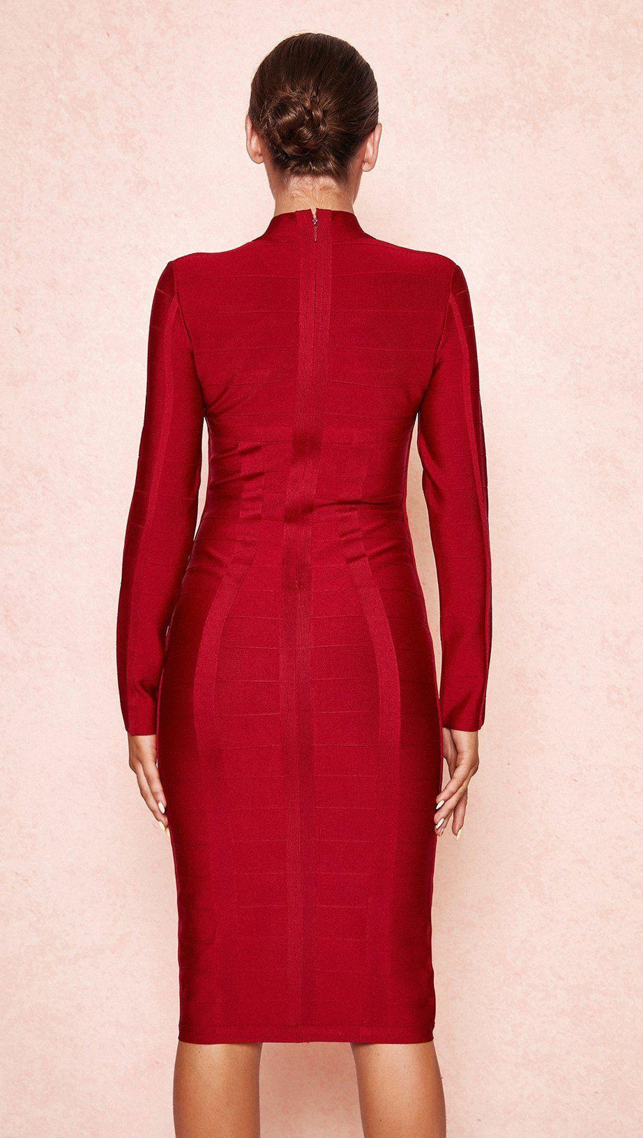 Weinrotes, langärmliges Bandagekleid mit Cut-Outs