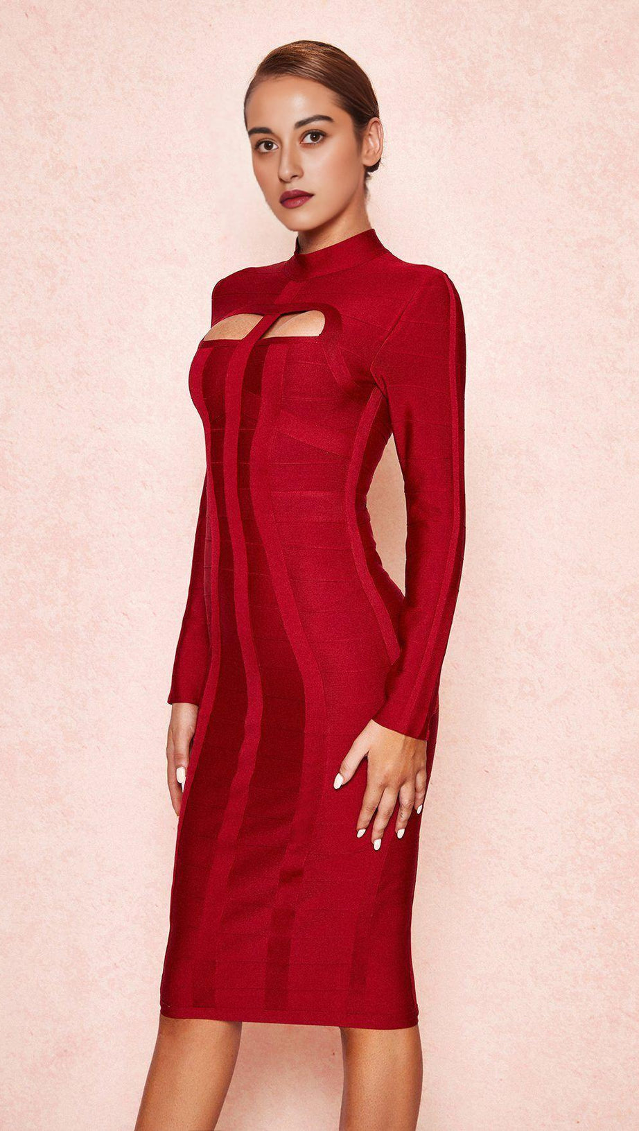 Weinrotes, langärmliges Bandagekleid mit Cut-Outs
