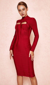 WINE CUT OUT LONG SLEEVE BANDAGE DRESS