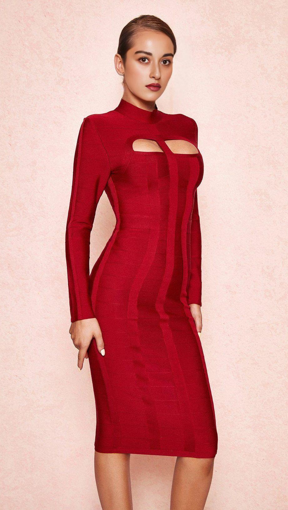 Weinrotes, langärmliges Bandagekleid mit Cut-Outs