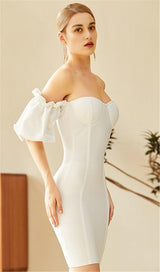 WHITE SLEEVE MIDI BANDAGE DRESS