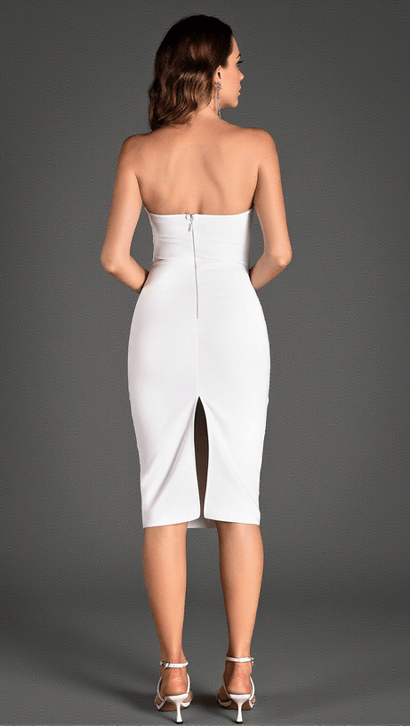 VAGGELIS STRAPLESS FLOWER BANDAGE MIDI DRESS