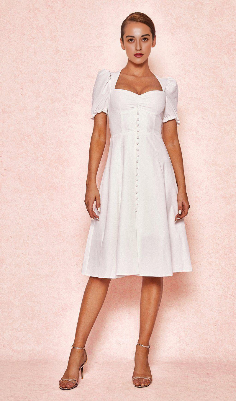 WHITE LINEN PUFF SLEEVE MIDI SUNDRESS