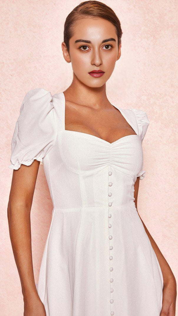AIIZIE WHITE LINEN PUFF SLEEVE MIDI SUNDRESS - product image