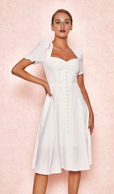 WHITE LINEN PUFF SLEEVE MIDI SUNDRESS