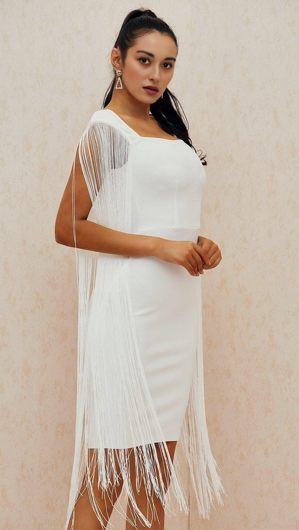 AIIZIE WHITE FRINGED BANDAGE DRESS - product image