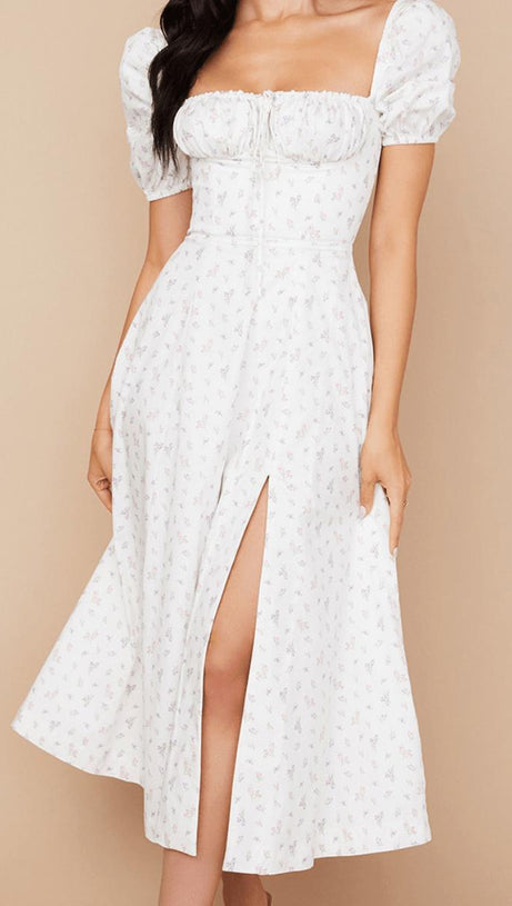 ABITO MIDI CON MANICHE A SBUFFO E FIORI BIANCHI