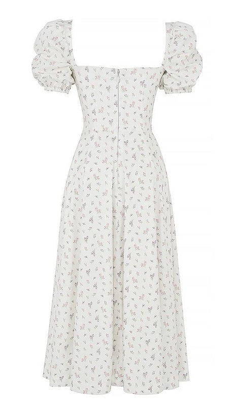 ABITO MIDI CON MANICHE A SBUFFO E FIORI BIANCHI