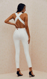 WHITE DEEP V-NECK BANDAGE JUMPSUIT