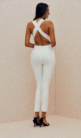 WHITE DEEP V-NECK BANDAGE JUMPSUIT