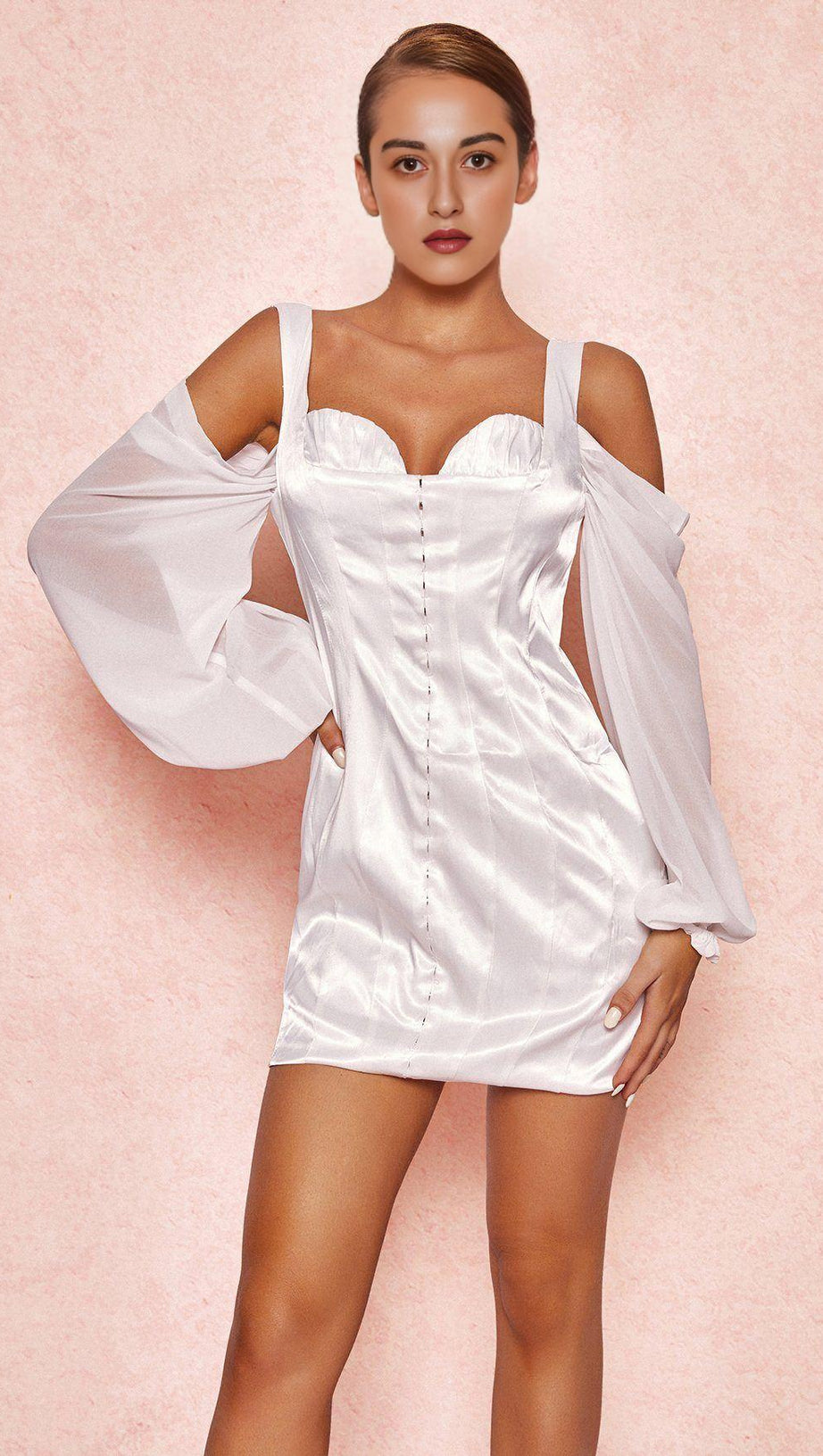 WHITE CORSET DRESS WITH BLOUSON SLEEVES