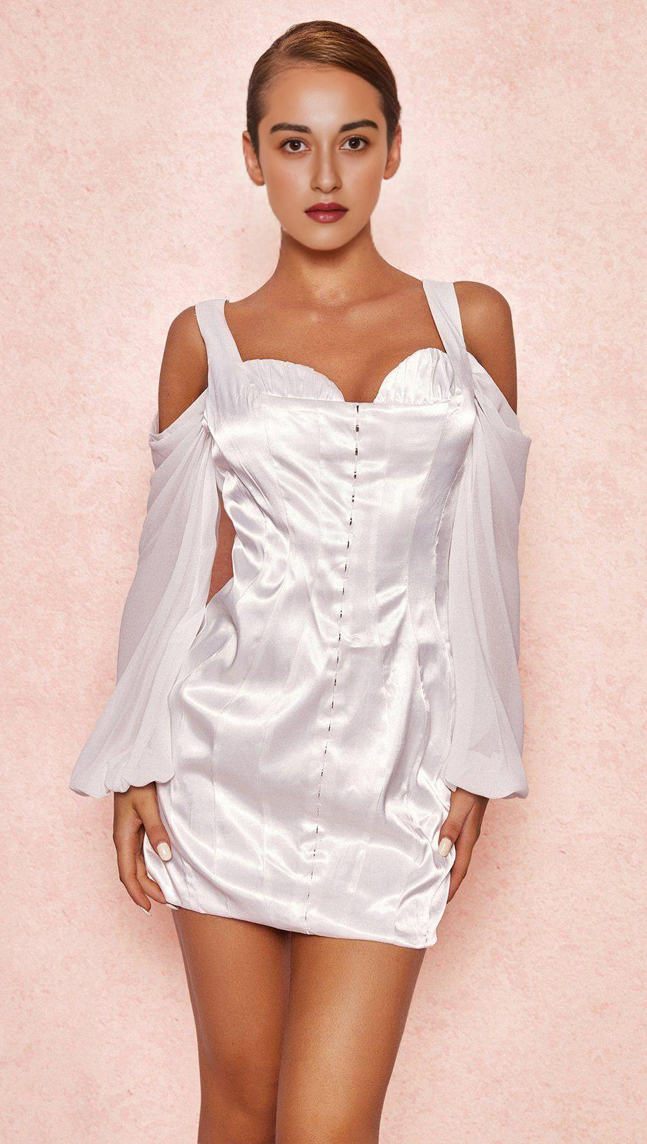 WHITE CORSET DRESS WITH BLOUSON SLEEVES