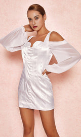 WHITE CORSET DRESS WITH BLOUSON SLEEVES