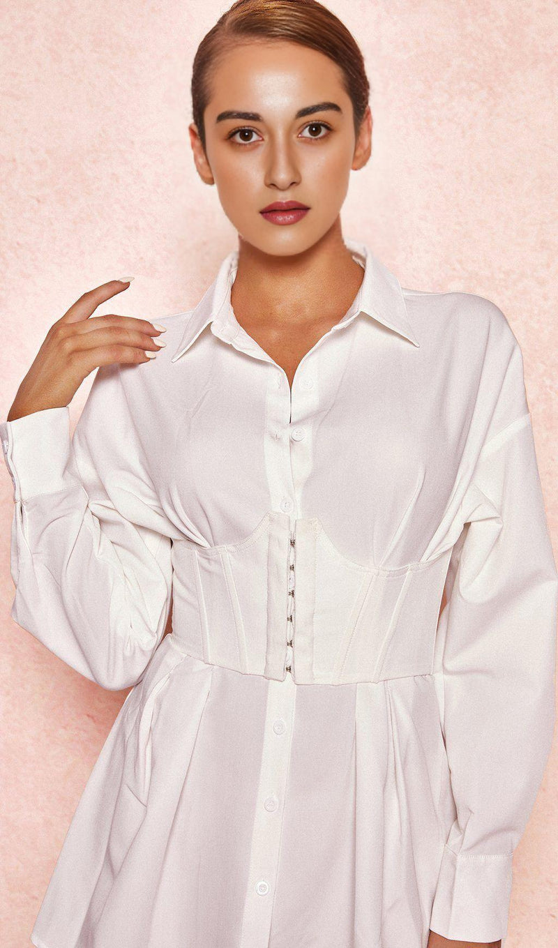 WHITE CINCHED WAIST SHIRT DRESS