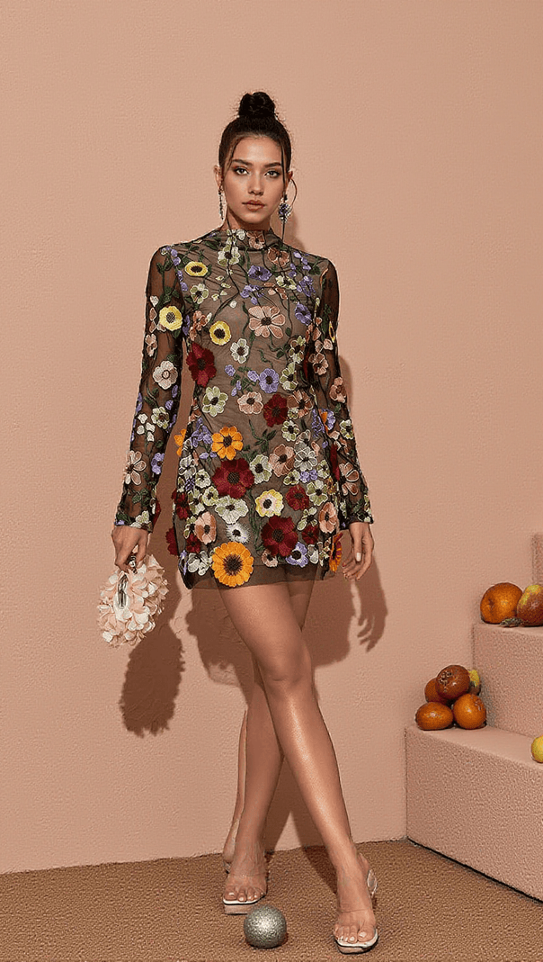 AIIZIE SAIGE LONG SLEEVE MESH FLOWER MINI DRESS IN BLACK - product image