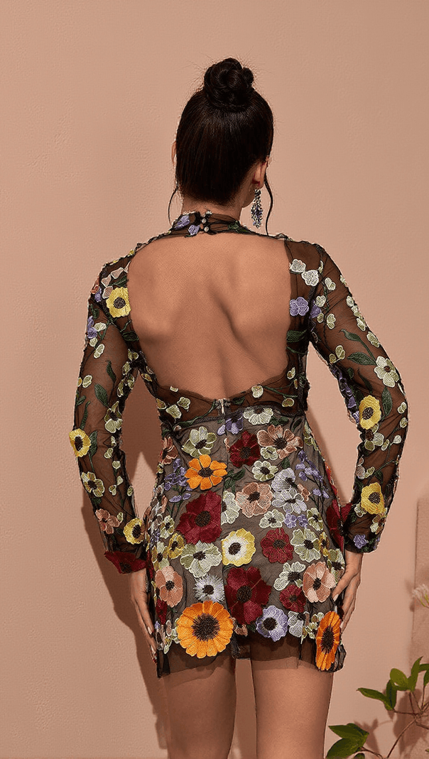 AIIZIE SAIGE LONG SLEEVE MESH FLOWER MINI DRESS IN BLACK - product image