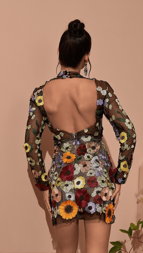 SAIGE LONG SLEEVE MESH FLOWER MINI DRESS IN BLACK